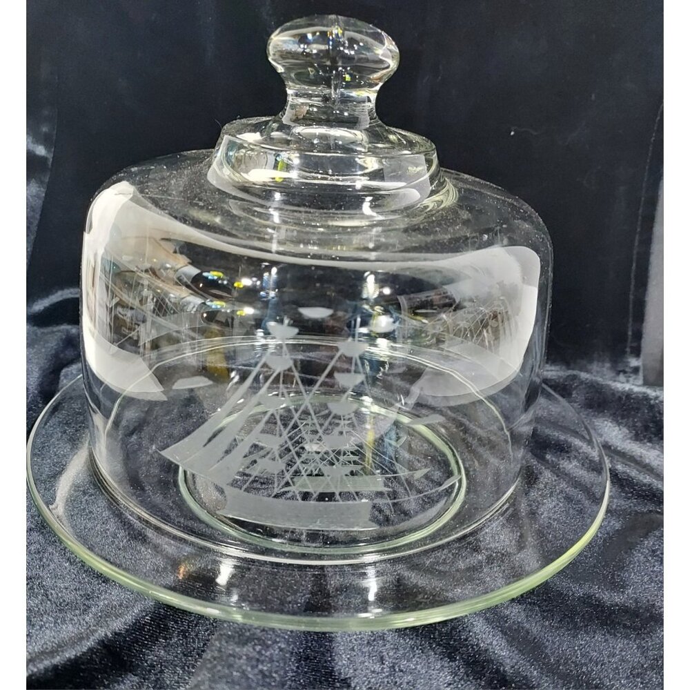 Nautical Tuscan Etched Glass Dome Plate Cheese Butter Dish Clipper Tall Ship